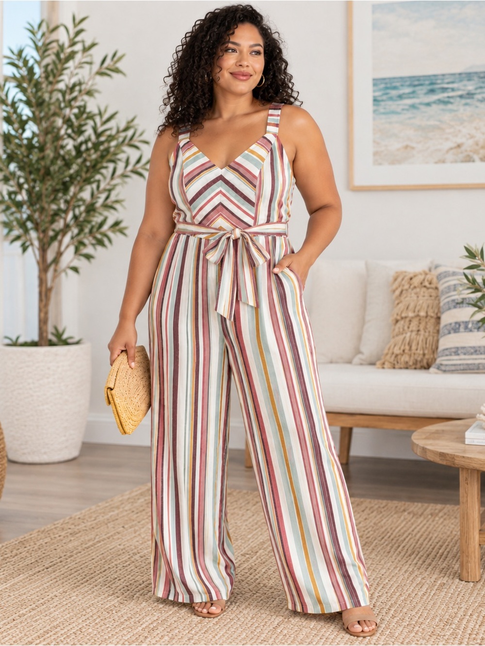 Lane Bryant NWT Striped Belted Wide Leg Jumpsuit Size 18 Multicolor